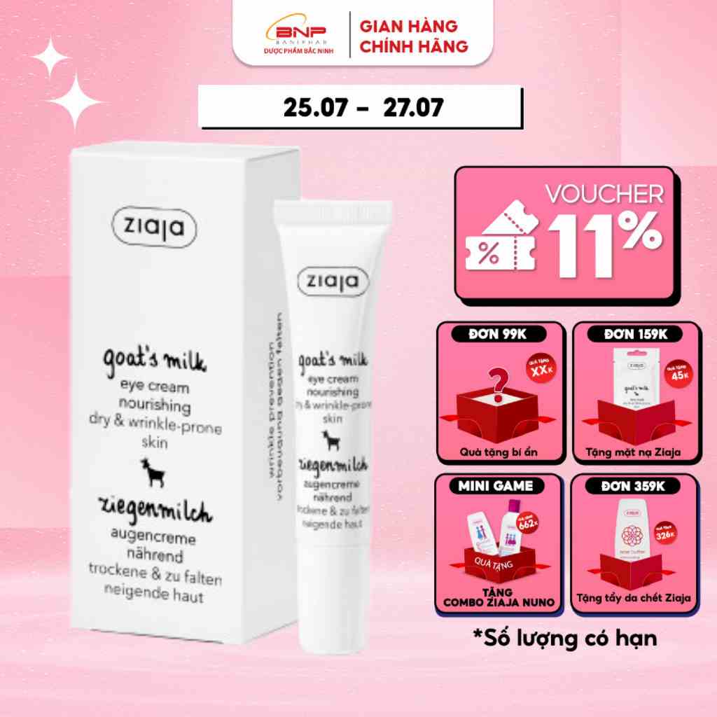 Kem dưỡng ẩm giảm thâm quầng mắt, đều màu da sữa dê Ziaja Goats Milk Eye Cream Nourishing Dry & Wrinkle-Prone Skin 15ml