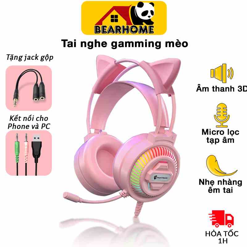 Tai nghe có dây tai nghe chụp tai gaming có mic tai mèo, headphone học online chơi game thoải mãi dễ chịu khi đeo có đèn