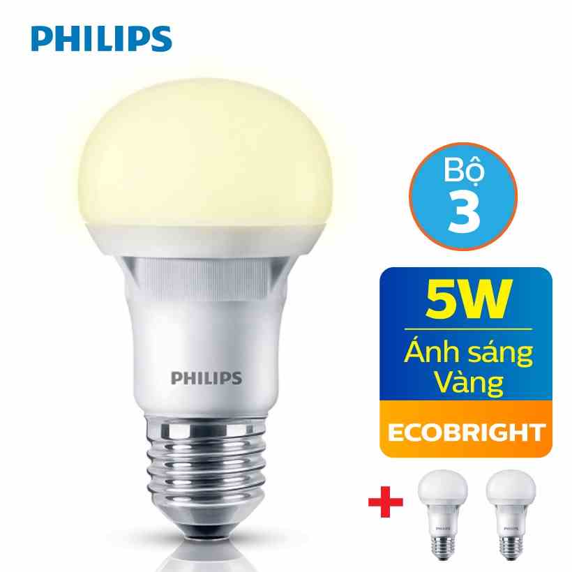 [Mã BMLTA35 giảm đến 35K đơn 99K] Bộ 3 Bóng đèn LED Philips Ecobright 5W 3000K E27 A60 - Ánh sáng vàng