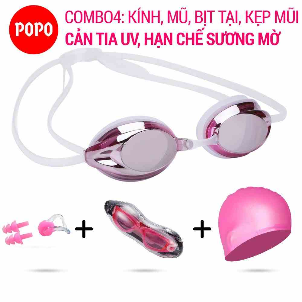 Kính bơi người lớn kèm nón bơi bơi, bịt tai kẹp mũi chính hãng POPO 1154G chất liệu an toán