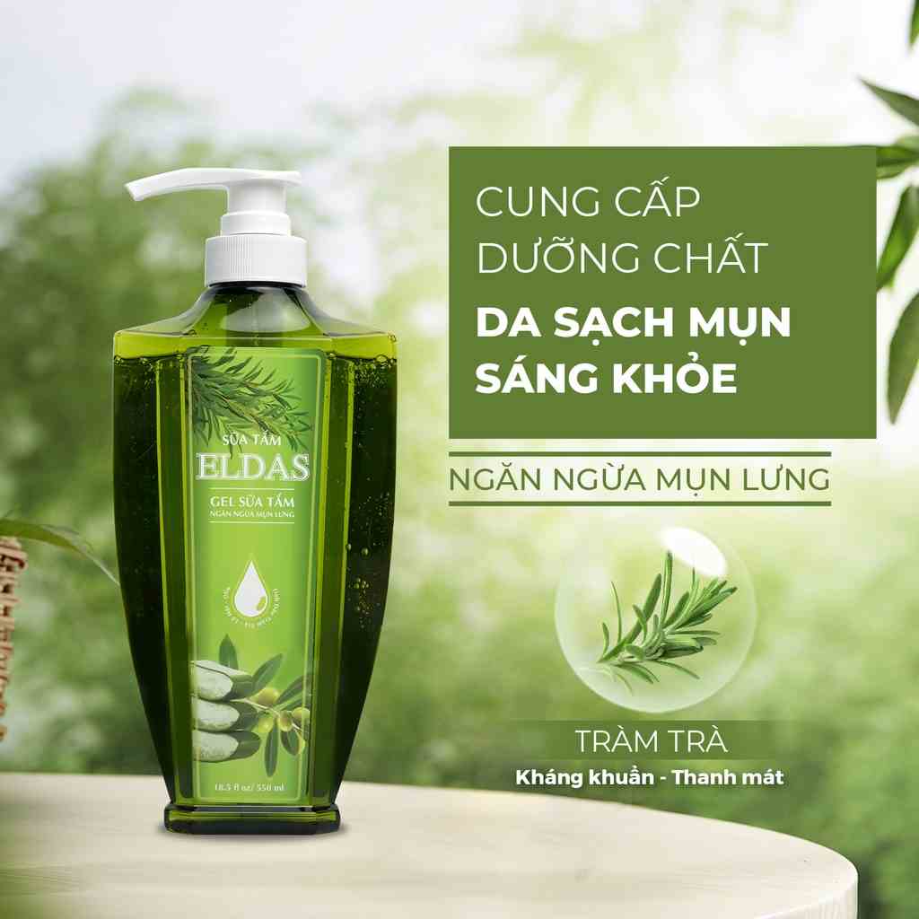 Sữa tắm mụn lưng ELDAS, giảm nang lông với tinh chất TRÀM TRÀ KHỔ QUA ngừa khuẩn ngừa mụn cơ thể 550ml/chai