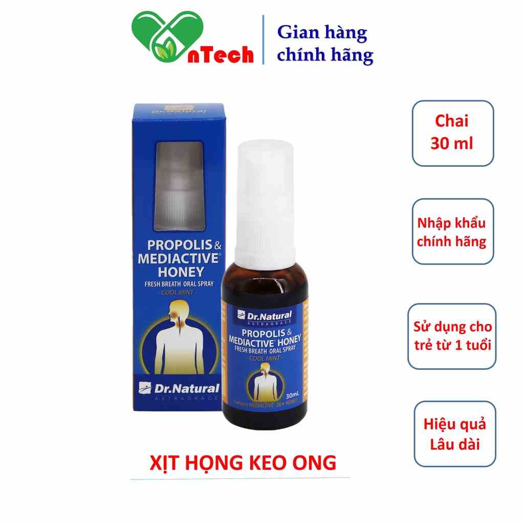 Xịt họng keo ong Dr.Natural hỗ trợ sát khuẩn vệ sinh răng miệng ngăn ngừa các vấn đề về đường hô hấp chai 30ml