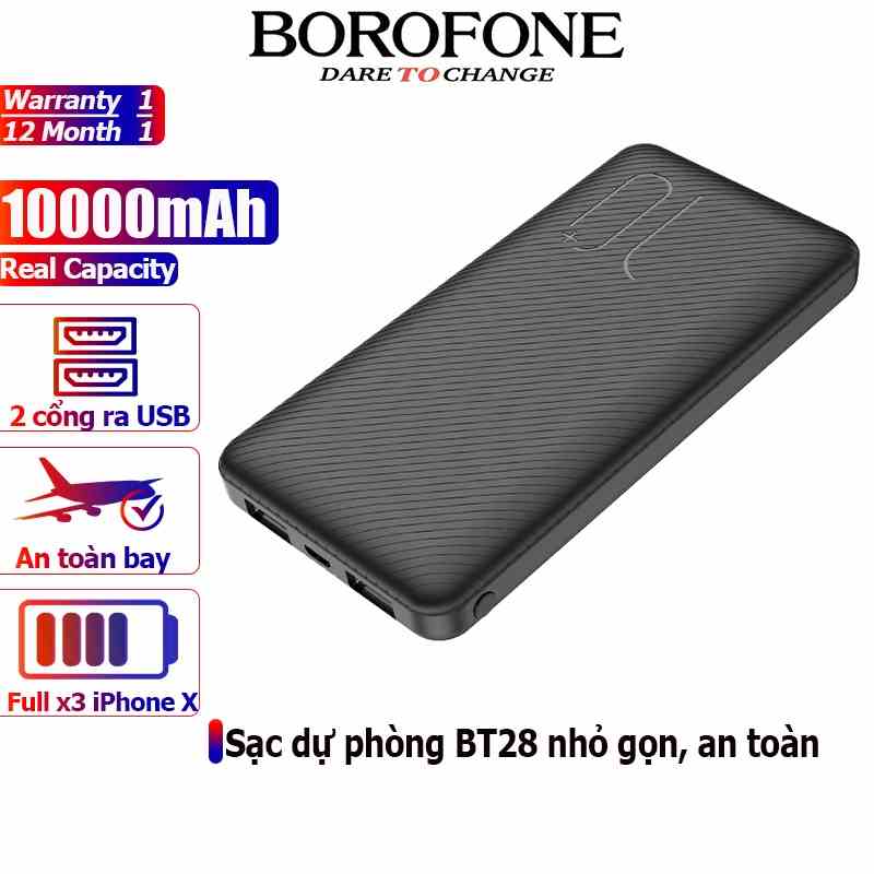 Pin sạc dự phòng 10000mAh BOROPHONE BT28 có đèn báo, 2 cổng ra 2A - Chính hãng