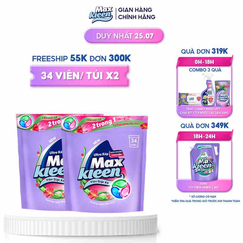 Combo 2 Túi Viên Giặt Xả MaxKleen hương ngày thư thái (34 viên/túi)