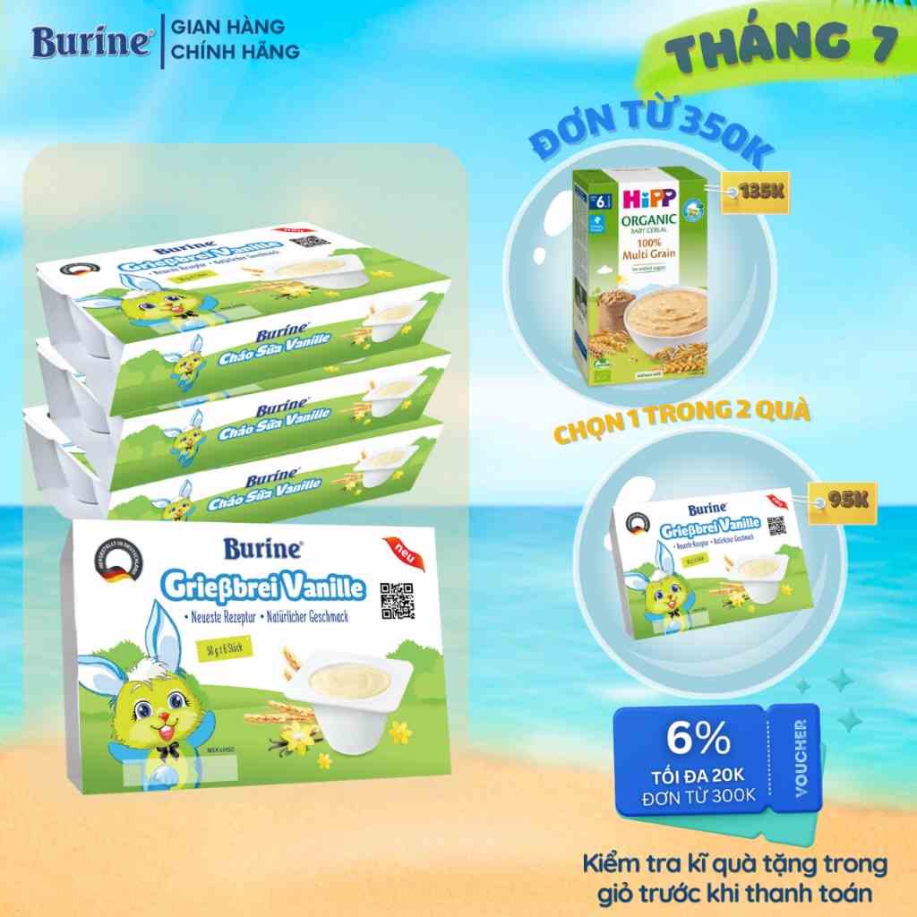 Combo 4 vỉ Cháo sữa ăn dặm Burine vani dành cho bé từ 6 tháng tuổi - Nhập khẩu 100% từ Đức (6 hũ x 50g x 4 vỉ)