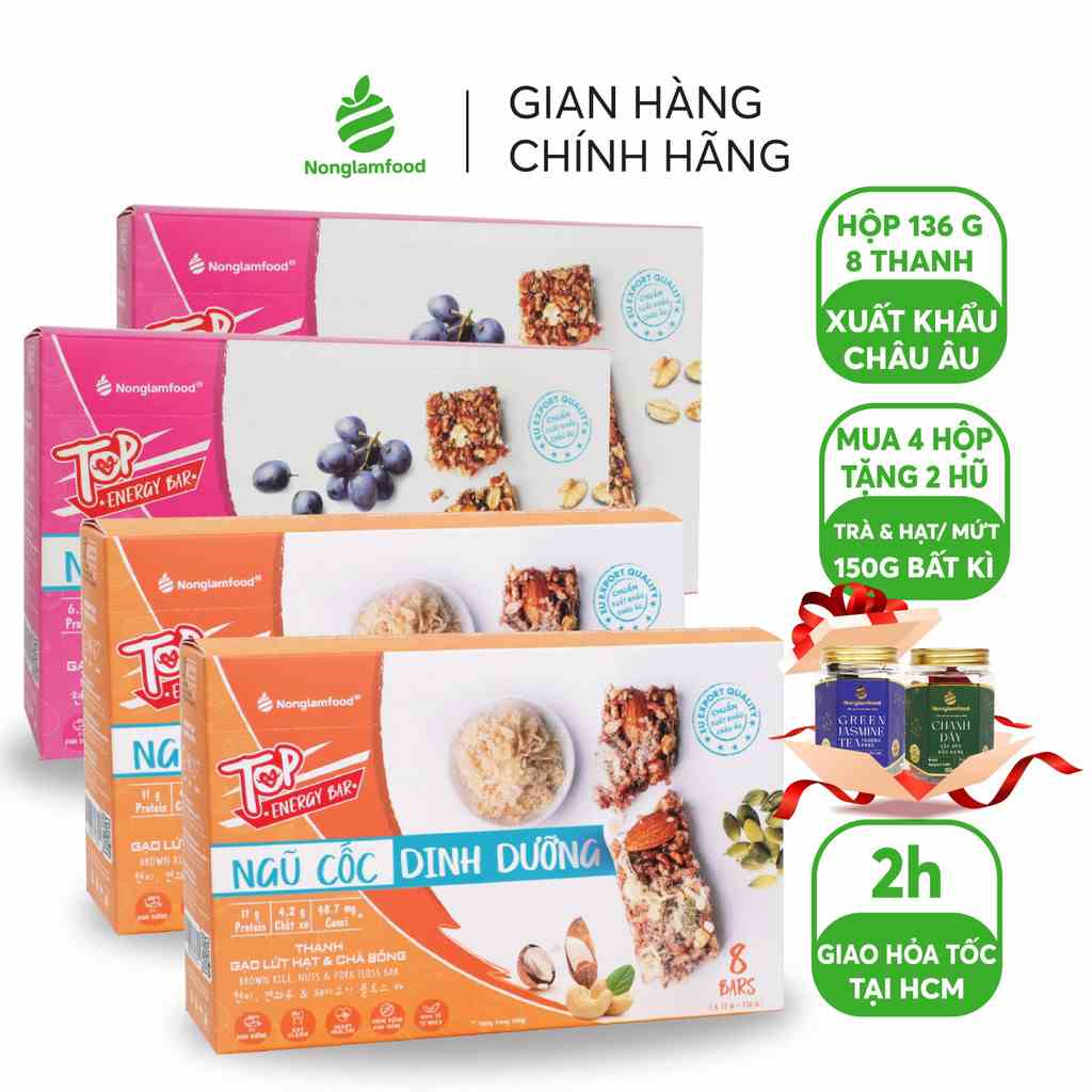 [Kèm quà tặng] Combo 4 hộp thanh gạo lứt ngũ cốc Healthy 2 vị (Chà bông/ Trái cây) Nonglamfood 136g | Hỗ trợ giảm cân