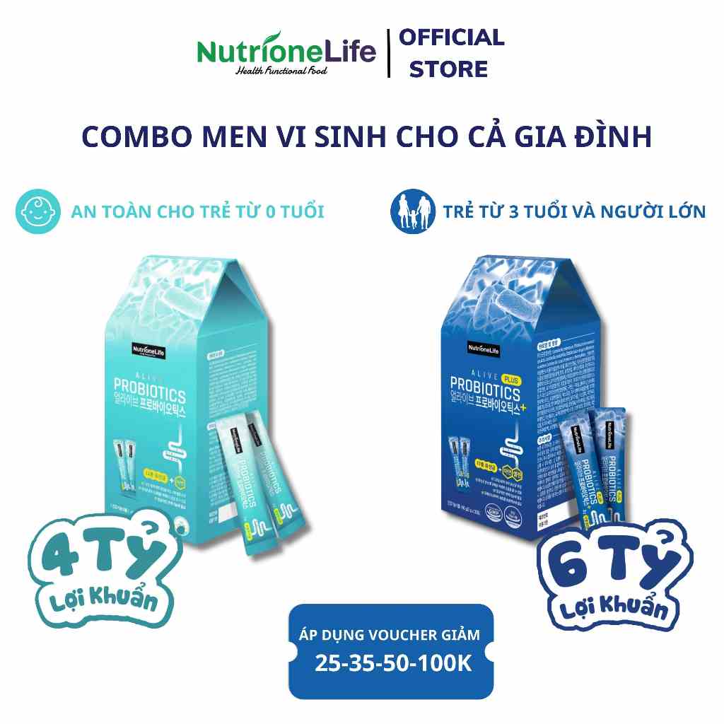 Combo 2 Hộp Men Vi Sinh NUTRIONELIFE Alive Probiotics Và Dòng Plus Cải Thiện Rối Loạn Tiêu Hóa, Tăng Hấp Thu 30 Gói/Hộp