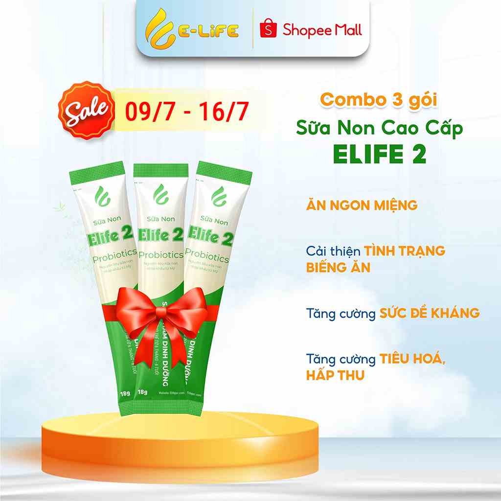 [Mã ICBFRI15 giảm 10% đơn 0đ] Sữa non Elife 2 Probiotic Hộp 3 gói dành cho trẻ biếng ăn, táo bón từ 06 tháng - 6 tuổi