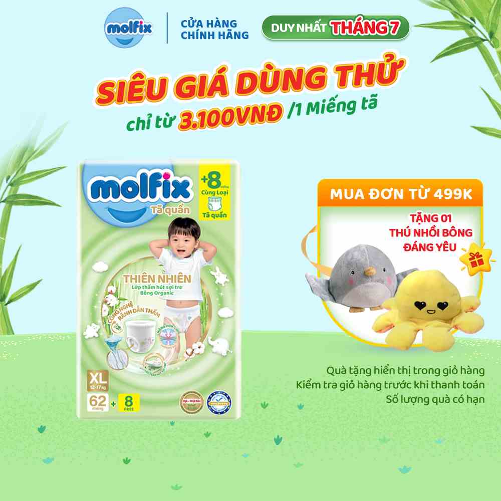 Tã quần thiên nhiên Molfix Ultra XL (12kg - 17kg) Gói 62+8 miếng