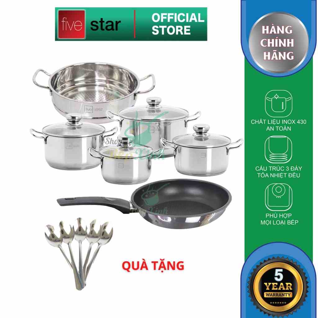 Bộ nồi xửng chảo 3 đáy inox 430 cao cấp FiveStar Standard 6 món bếp từ nắp kính tặng 5 muỗng inox