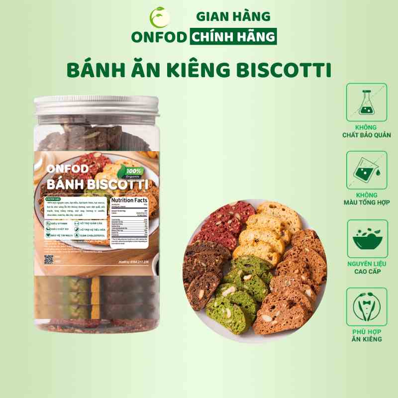 Bánh BISCOTTI ONFOD ăn kiêng giảm cân nguyên cám không đường mix 5 vị dành cho người giảm cân eat clean, tiểu đường