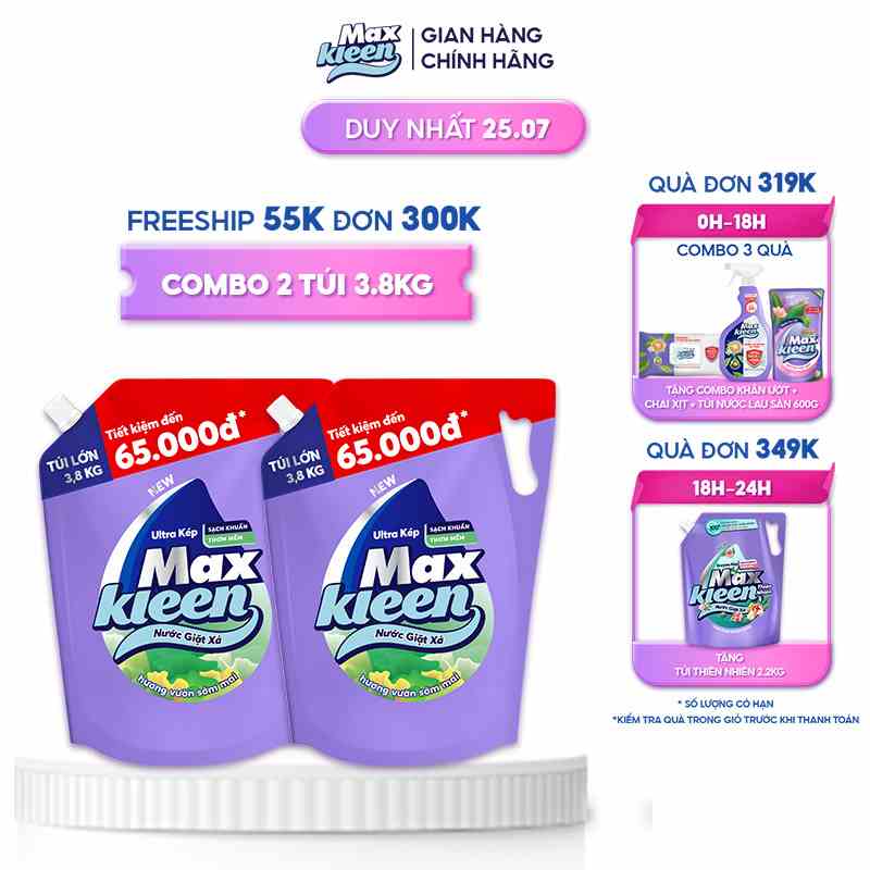 Combo 2 Túi Nước Giặt Xả Maxkleen Hương Vườn Sớm Mai 3.8kg