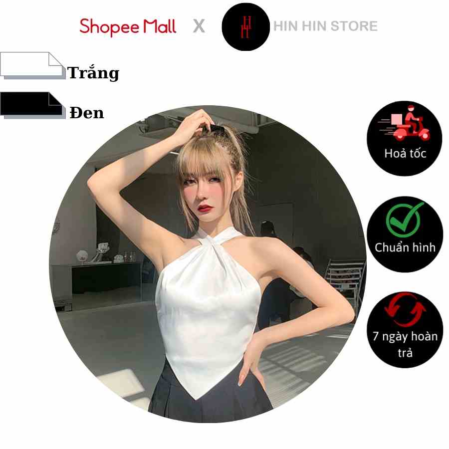 Áo croptop lụa yếm thắt dây màu đen & trắng HAC140 Hỉn Hỉn Store