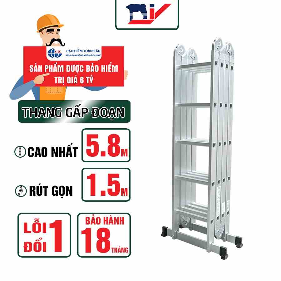 [HỎA TỐC 2H HCM] Thang nhôm gấp đoạn DIY TLG-5D chiều cao sử dụng chữ A tối đa 5.8m, chữ I2.8m, tải trọng 150kg