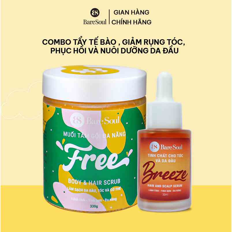 Combo dưỡng da đầu, phục hồi, giảm rụng tóc BareSoul BREEZE Hair & Scalp Serum 30ml và FREE Body & Hair Scrub 330g