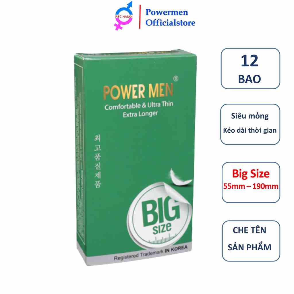 Bao cao su Powermen Comfortable Ultrathin longer siêu mỏng trơn size lớn 55mm chứa 5% benzocain kéo dài thời gian 12 BCS