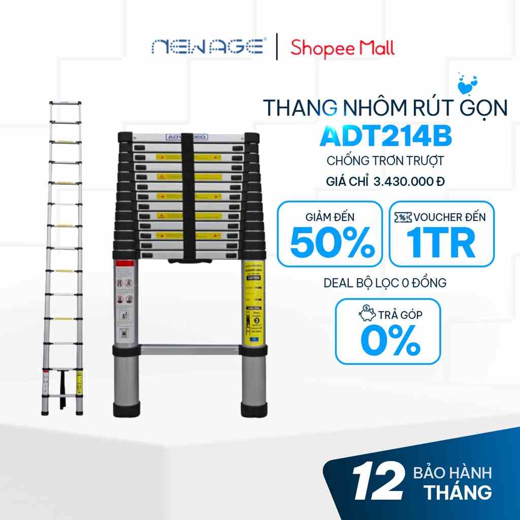 Thang nhôm rút gọn đơn 14 bậc Advindeq ADT214B 4.8m, Bảo hành 24 tháng chính hãng