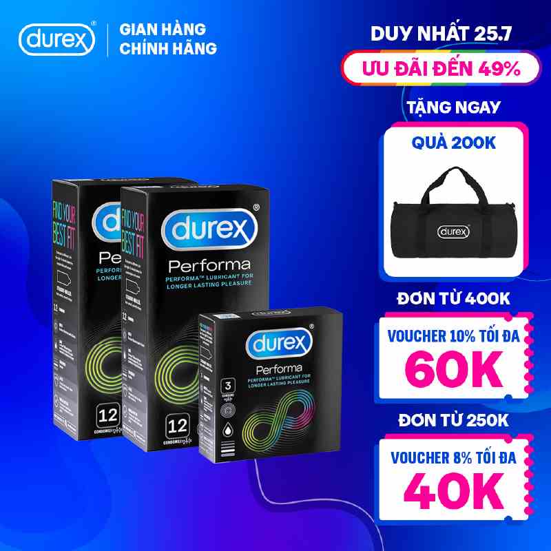 Bộ bao cao su Durex Performa kéo dài thời gian size 52mm, 2 hộp 12 bao và 1 hộp 3 bao