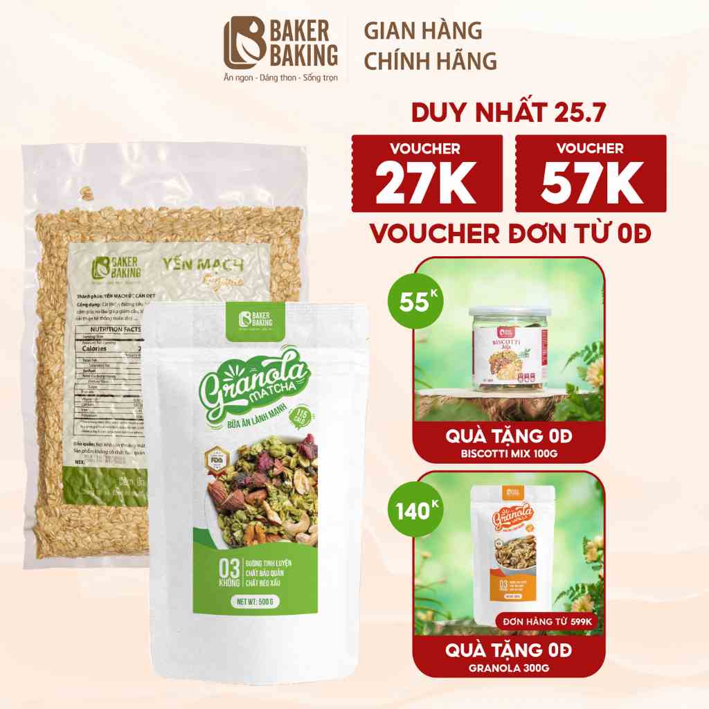 Combo Yến mạch cán dẹt và ngũ cốc Baker Baking hỗ trợ giảm cân dành cho người tiểu đường, eatclean 500g/gói