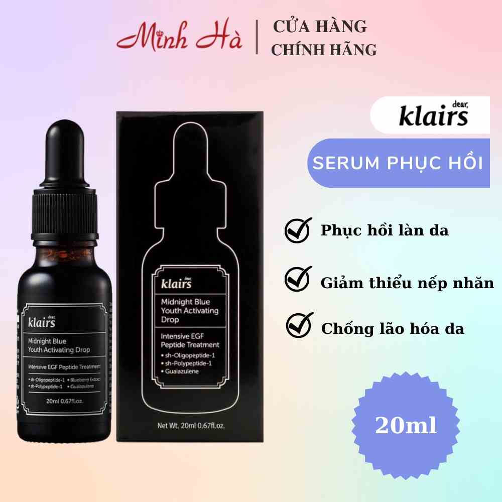 Serum Klairs Midnight Blue Youth Activating Drop 20ml giúp dưỡng ẩm phục hồi da ban đêm