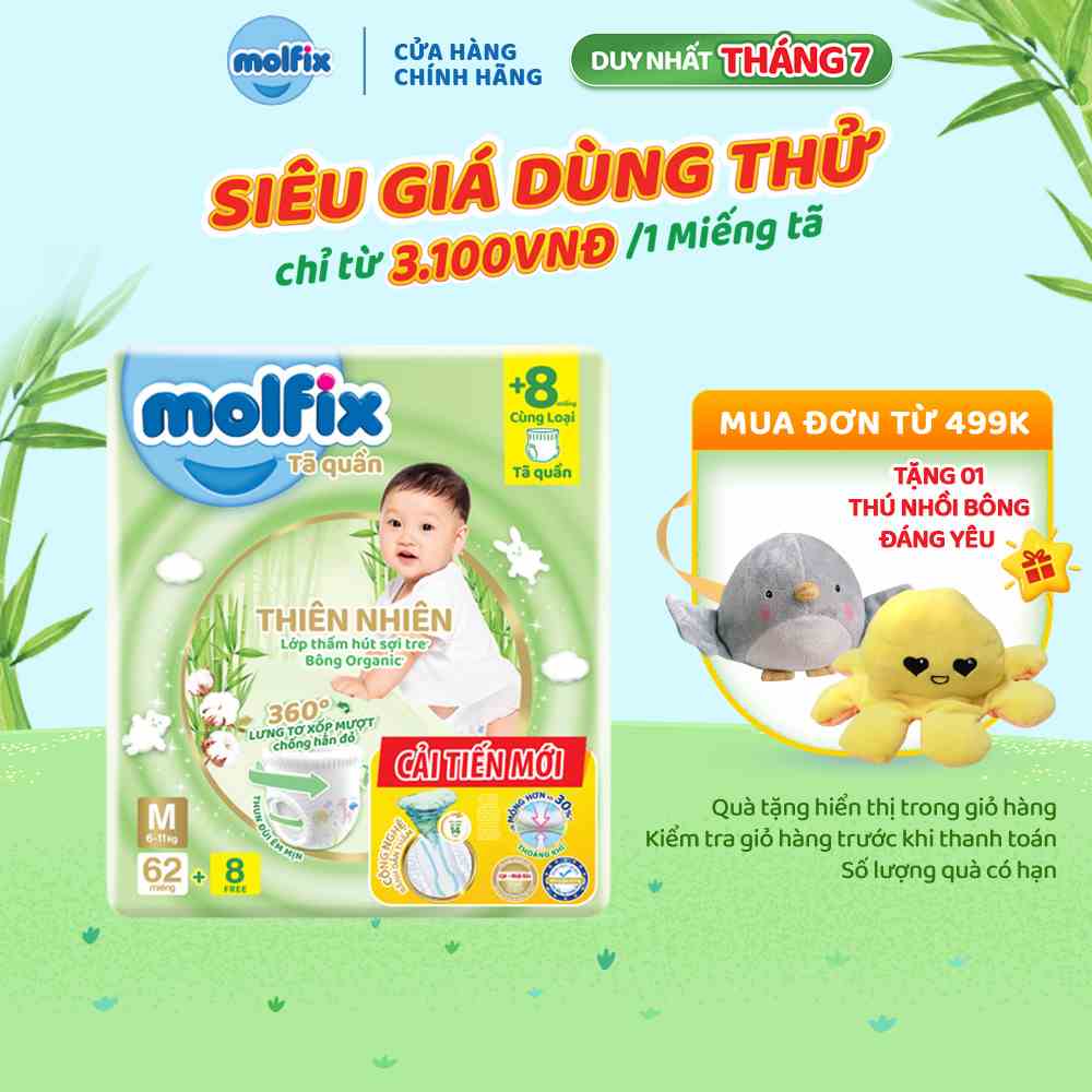 Tã/bỉm quần Molfix Thiên nhiên Super Jumbo M (6kg - 11kg) - Gói 62+8 miếng