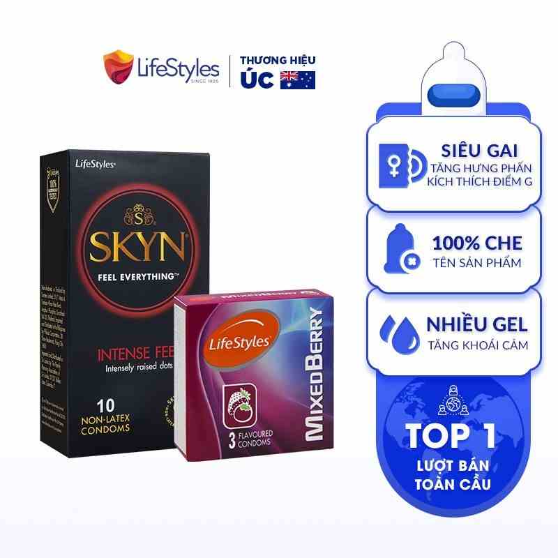 Combo 1 Hộp Bao Cao Su Siêu Gai Non-latex SKYN Intense 10 bao + 1 Hộp Hương Dâu Mixed Berry