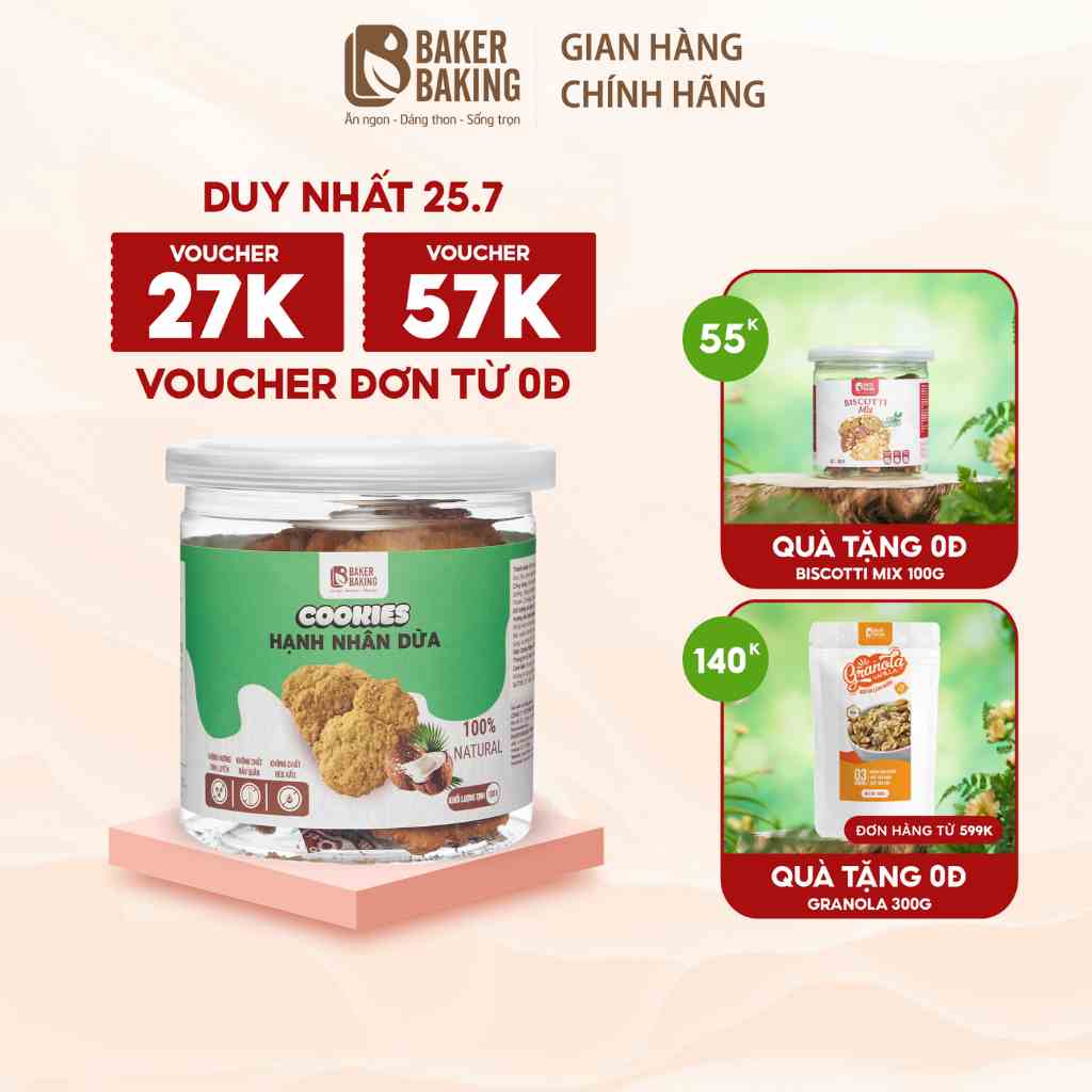 [Mã BMLTA35 giảm đến 35K đơn 99K] Bánh quy ăn kiêng Baker Baking hạnh nhân dừa phù hợp người eatclean, tiểu đường 100g