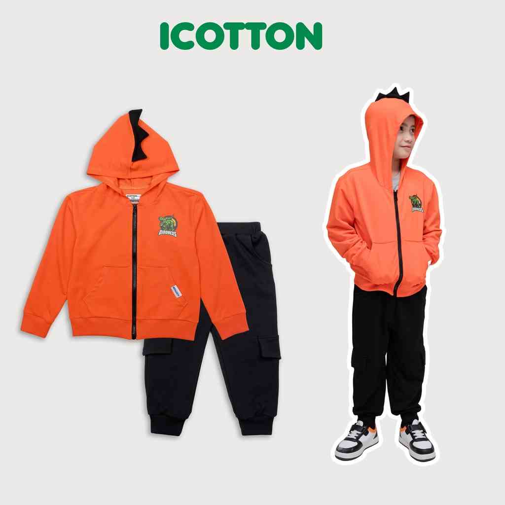 [Mã BMLTB35 giảm đến 35K đơn 99K] Bộ quần áo hoodie kéo khoá Icotton hình Khủng long màu Cam