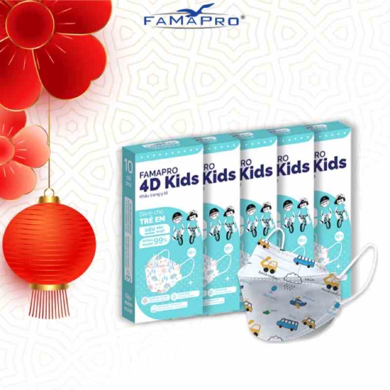 [4D MASK KIDS (KF94)- COMBO 5- HỘP 10 CÁI] Khẩu trang y tế cao cấp trẻ em kháng khuẩn 3 lớp Famapro 4D Kids