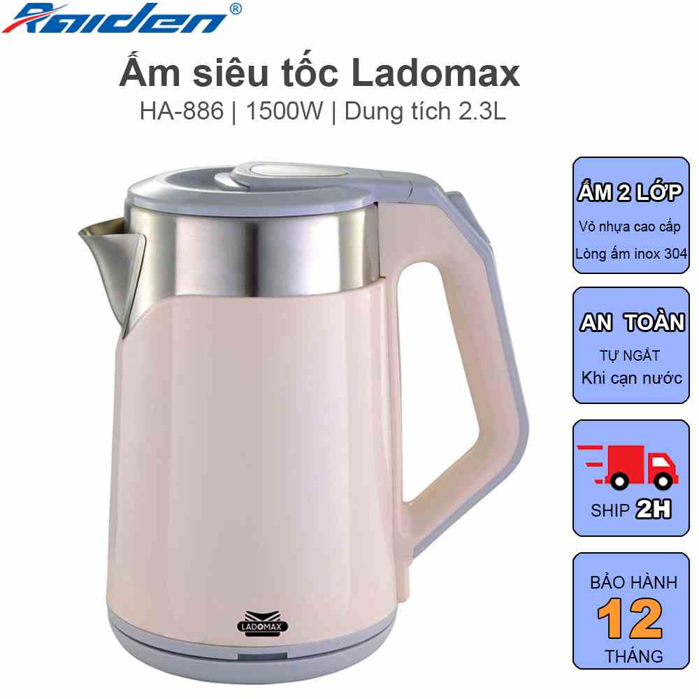 [HÀNG CHÍNH HÃNG] Bình đun siêu tốc 2 lớp 2.3L Ladomax HA-886 lòng ấm bằng inox 304, công suất lớn đun nước sôi nhanh