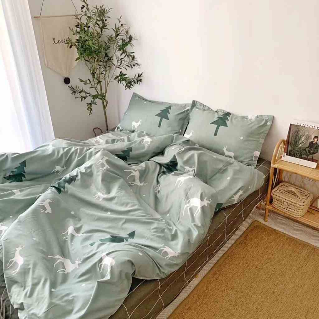 Bộ Chăn Ga Gối Cotton Poly Hươu Xanh Ngọc Phối Ga Kẻ HIN BEDDING Miễn Phí Bo Chun