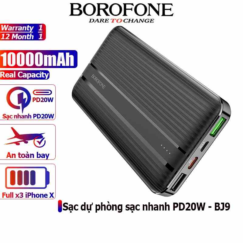 Pin sạc dự phòng 10000mAh BOROPHONE BJ9 sạc nhanh PD20W (cổng Type-C), có đèn báo LED, 2 cổng ra USB - Chính hãng