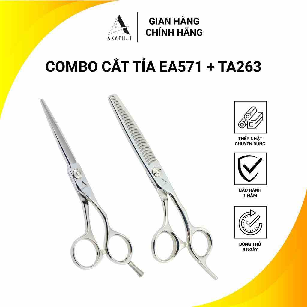 Combo 2 kéo cắt tỉa AKAFUJI, kéo cắt lưỡi thẳng chuôi tháo rời EA571, Kéo tỉa chuôi offset TA263