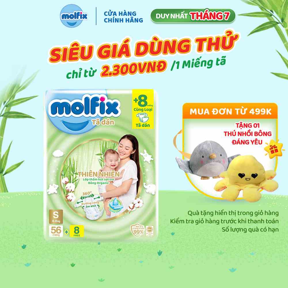 Tã/bỉm dán Molfix Thiên nhiên Jumbo S (4kg 8kg) Gói 56+8 miếng