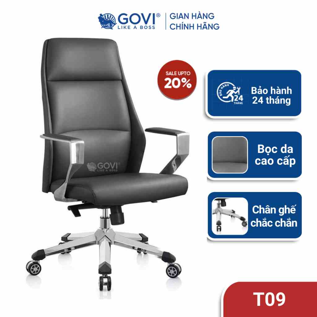 Ghế giám đốc GOVI Titan T09 Da Microfiber sang trọng - Ngả lưng đồng bộ, Lưng ghế cao, Tay vịn bằng thép mạ Crom bọc da