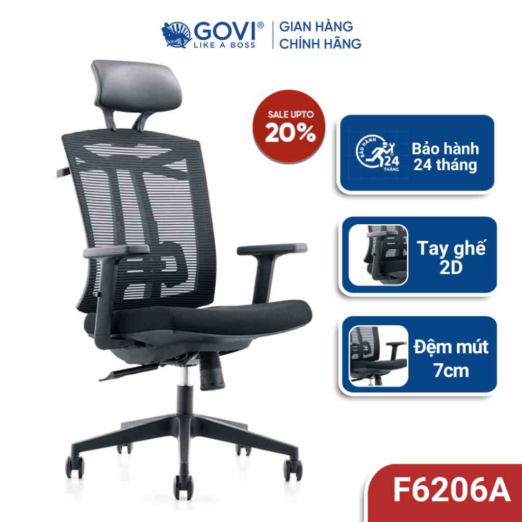 Ghế công thái học Ergonomic GOVI Felix F6206A-2 - Tựa đầu cố định, tựa tay nâng hạ, lưng ngả tựa êm ái