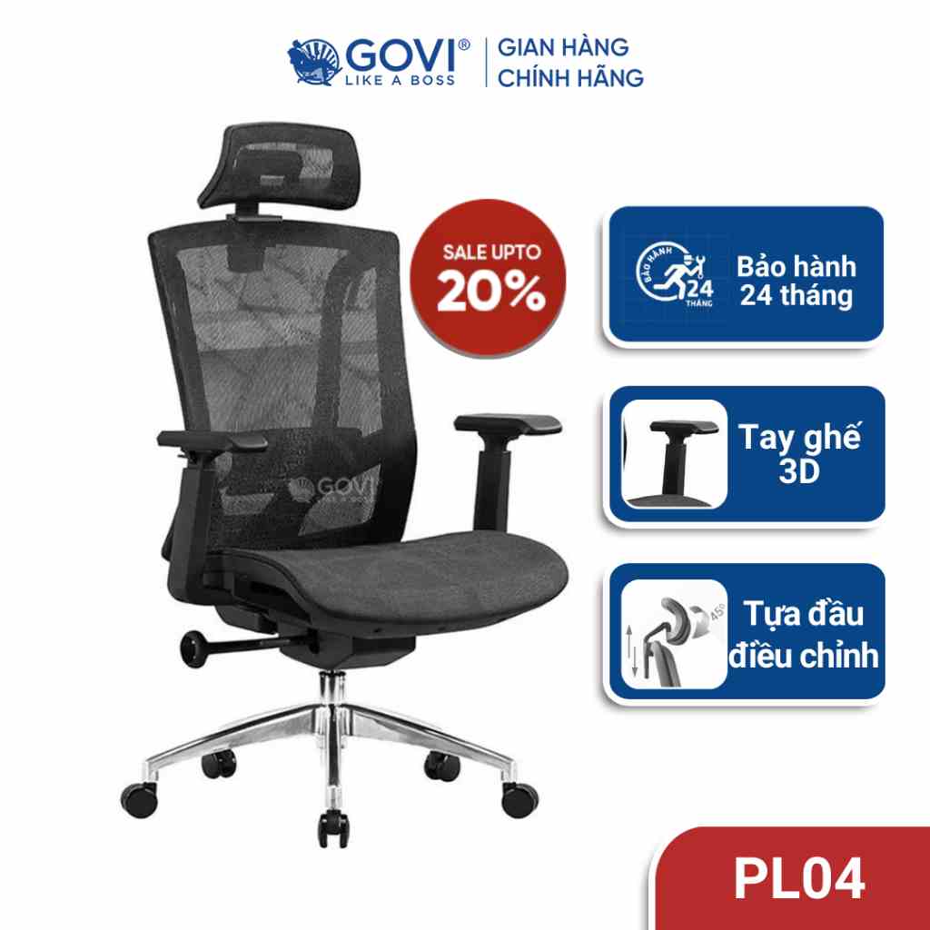 Ghế công thái học GOVI Ergonomic Plato PL04 - Tựa đầu điều chỉnh lên xuống, tựa tay điều chỉnh linh hoạt, ngả 135 độ