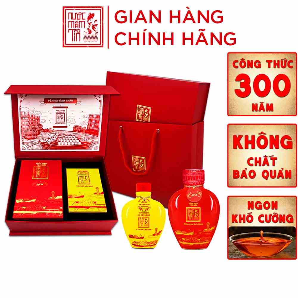 [Combo 2 hộp] Hộp Quà Đậm Đà Tình Thân 1 Nước Mắm Tĩn Tôm Biển 60N 500ml/Tĩn Và 1Tĩn Nước Mắm Tĩn Cá Cơm Vàng 250 ml/Tĩn