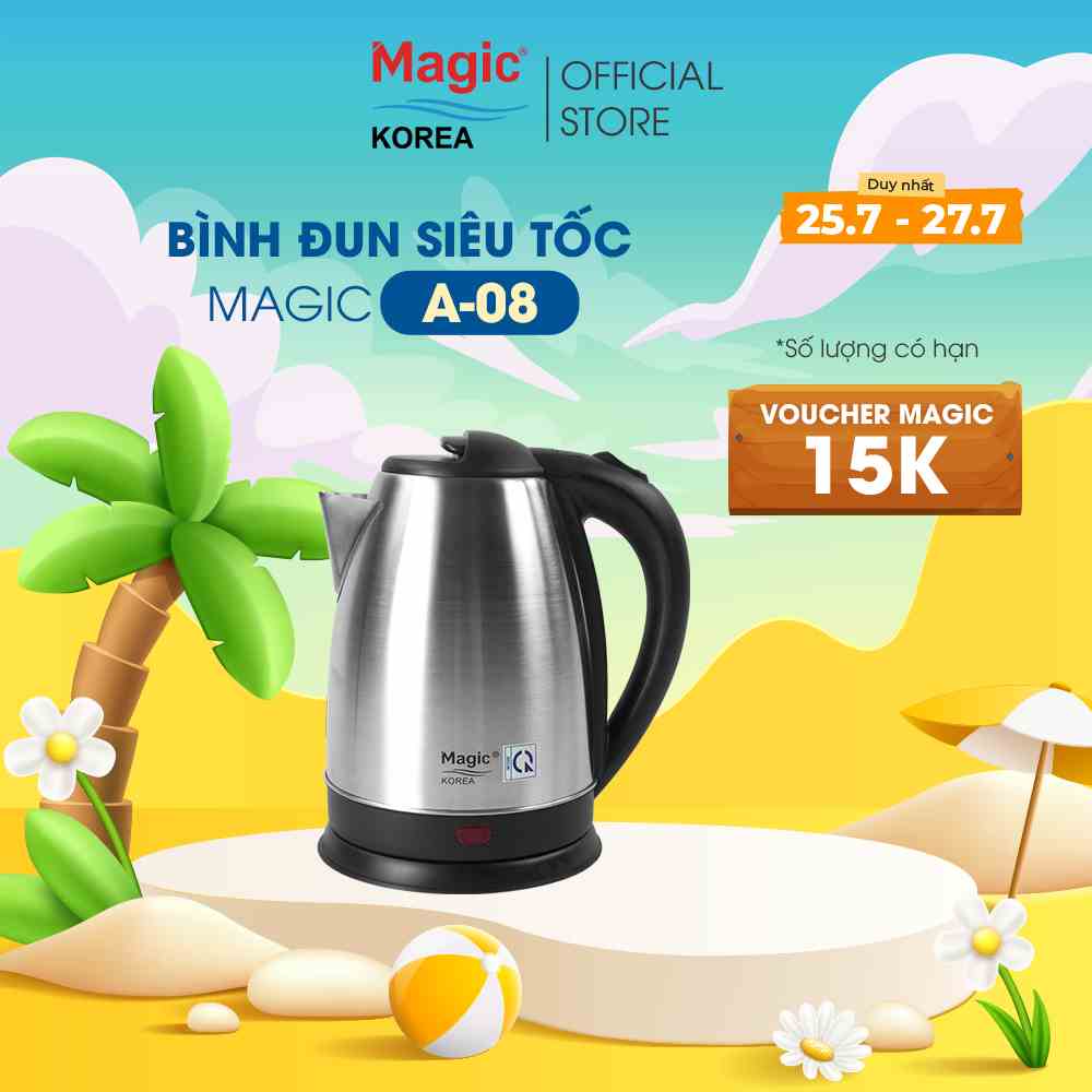 Ấm đun siêu tốc Magic Korea A-08 1.8L,chất liệu inox 304 độ bền cao,tay cầm bằng nhựa cách nhiệt,bảo hành chính hãng