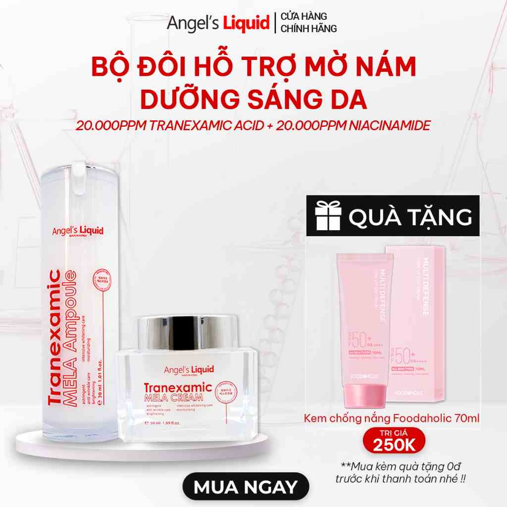 Bộ Sản Phẩm Xoá Thâm Đỏ, Mờ Sạm Nám Chuyên Sâu Angels Liquid Tranexamic Mela Ampoule & Cream