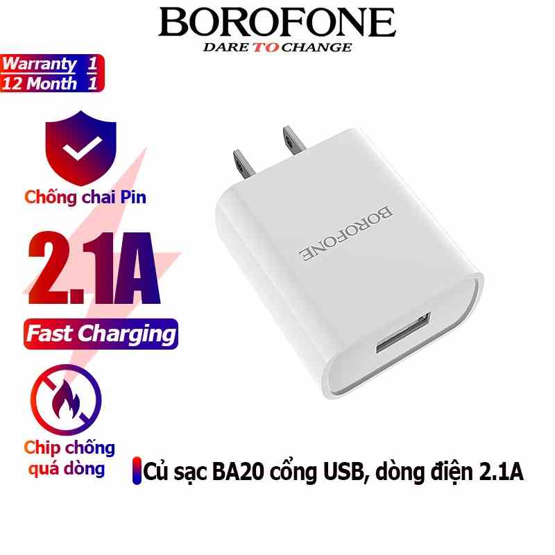 Củ sạc 2.1A BOROFONE BA20 cổng USB - Chính hãng