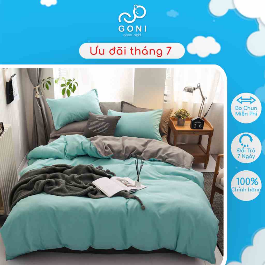 Bộ Chăn Ga Gối Cotton Tici GONI Drap Giường Phối Màu Xanh Xám Đủ Kích Thước Trải Nệm Không Kèm Ruột