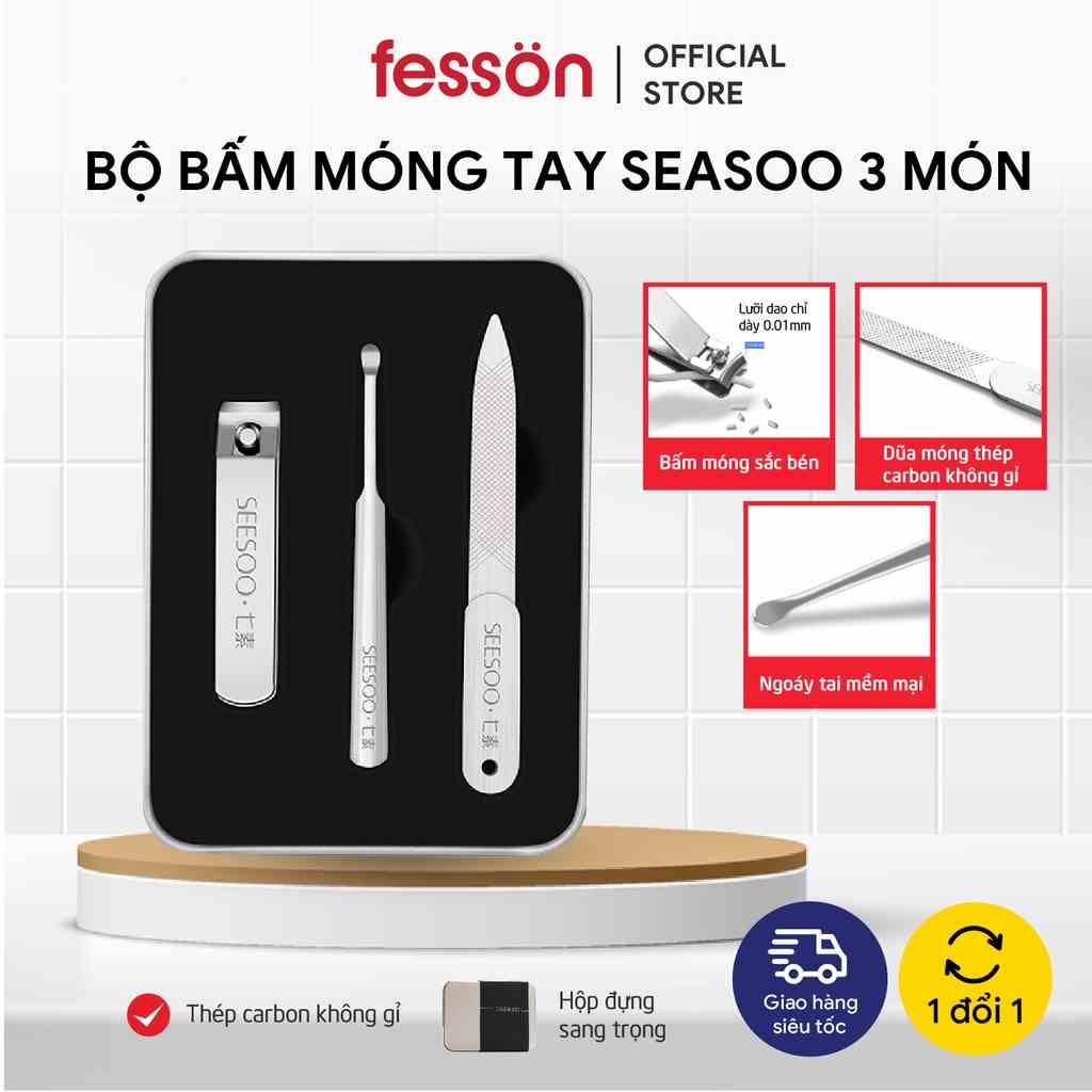 Bộ bấm móng tay SEASOO 3 món, Bộ cắt móng tay thép không gỉ kèm hộp thiếc cao cấp hàng nội địa Trung