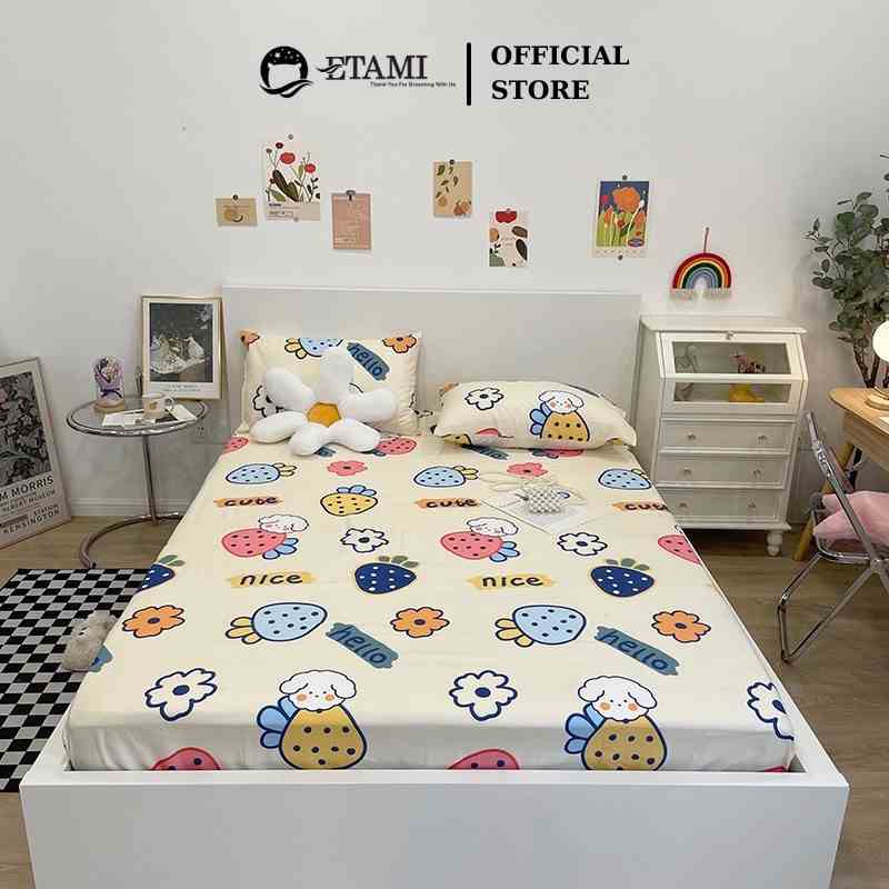 Bộ ga gối ETAMI drap giường cotton poly 5D, ga trải giường + 2 vỏ gối nằm màu Dâu hello