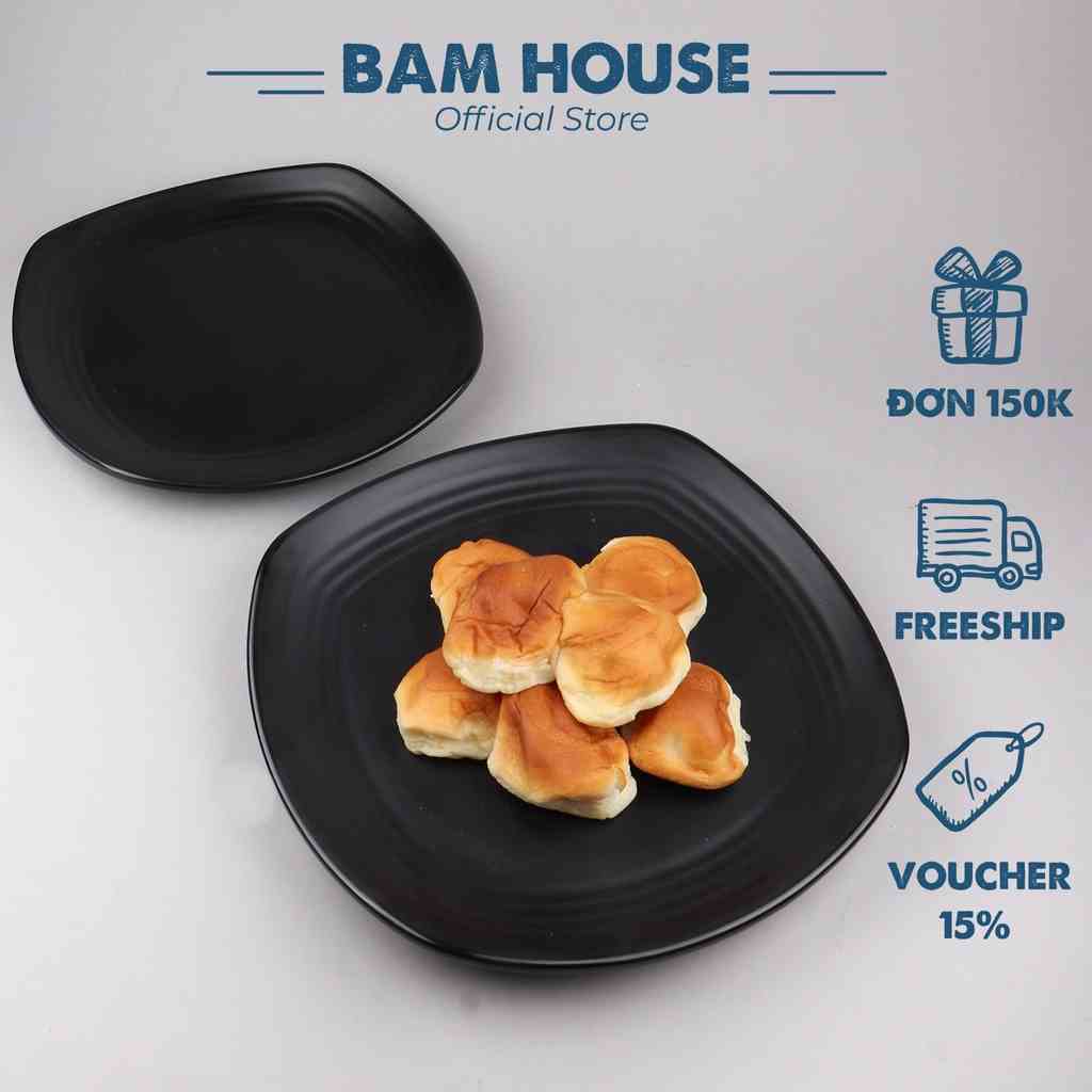 Dĩa nhựa vuông Bam House chất liệu melamine đen nhám 24x24cm cao cấp DNV04