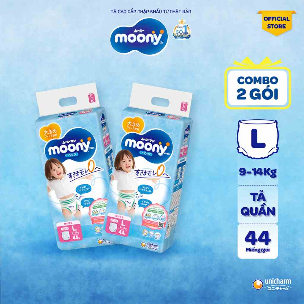 Combo 2 Tã quần cao cấp Moony Bé Gái L44/XL38/XXL26 - Nhập khẩu Nhật Bản