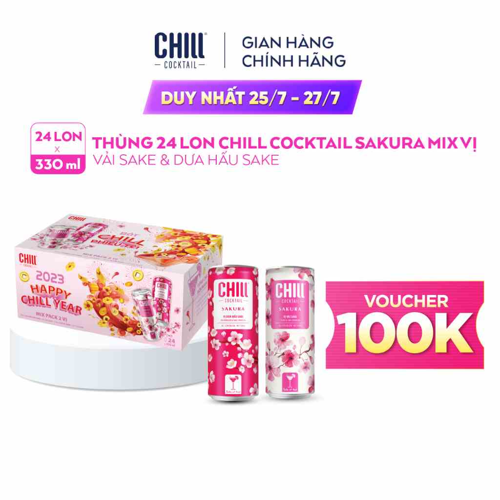 [VOUCHER 100K]Thùng 24 lon Chill Cocktail Sakura mix vị Vải Sake & Dưa Hấu Sake (330ml/lon)