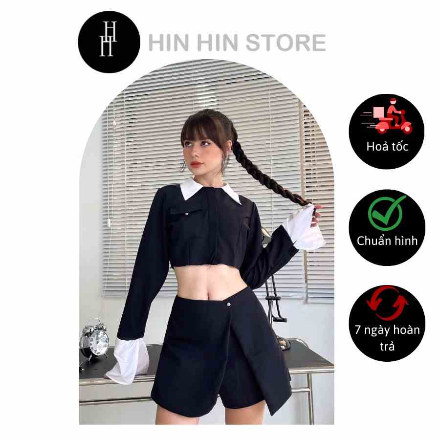 [Mã BMLTB35 giảm đến 35K đơn 99K] Set ngắn áo croptop cổ sơ mi tay dài phối kèm quần váy ngắn HS138 Hỉn Hỉn Store