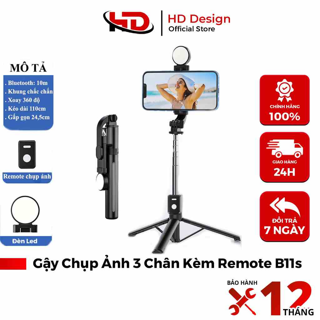 Gậy Chụp Ảnh 3 Chân B11s Kèm Remote -  Có Đèn Led Trợ Sáng - Hỗ Trợ Quay Phim Chụp Ảnh Livetream - Chính Hãng HD DESIGN