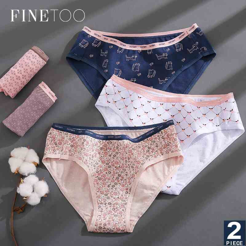 Set 1/2 Quần Lót FINETOO N250 Vải Cotton In Họa Tiết Dễ Thương Cho Nữ Có Size Lớn M-2XL